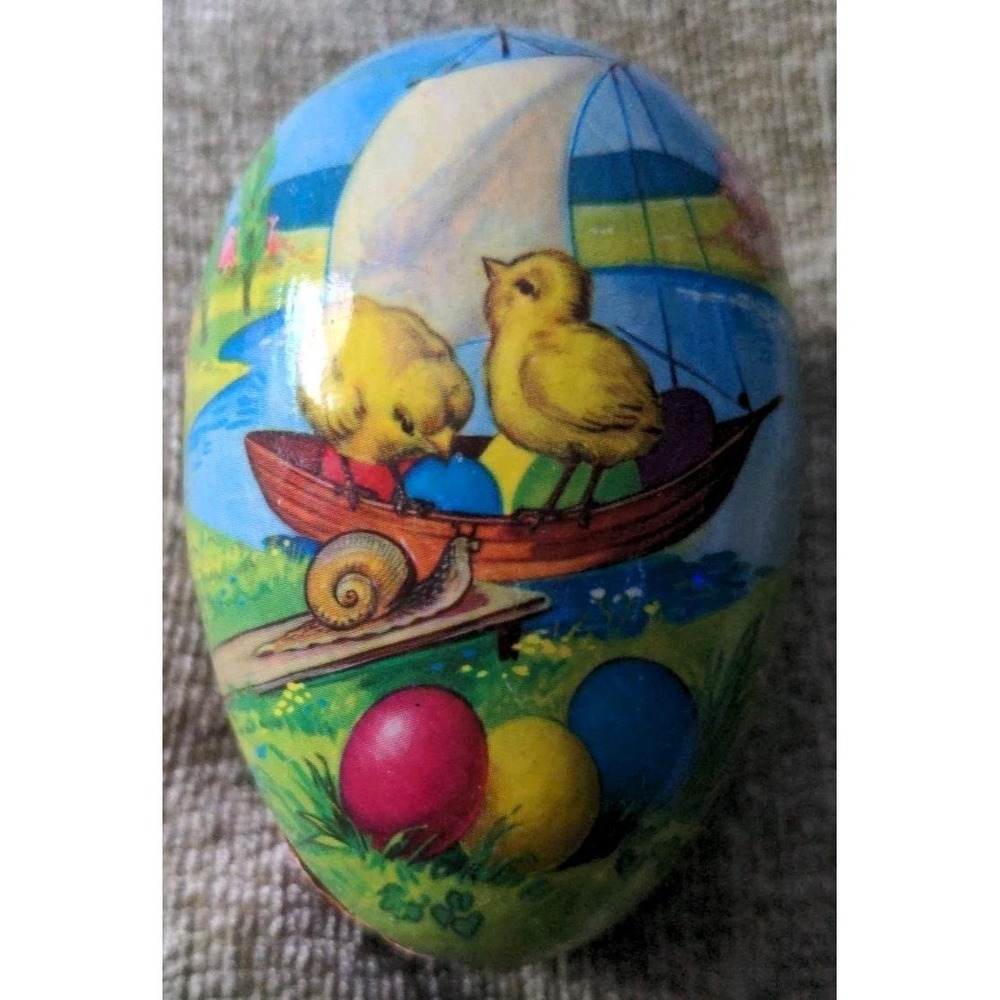 Vintage West German Paper Mache Easter Egg 3.25" Candy Box Yellow Chicks In Boat
